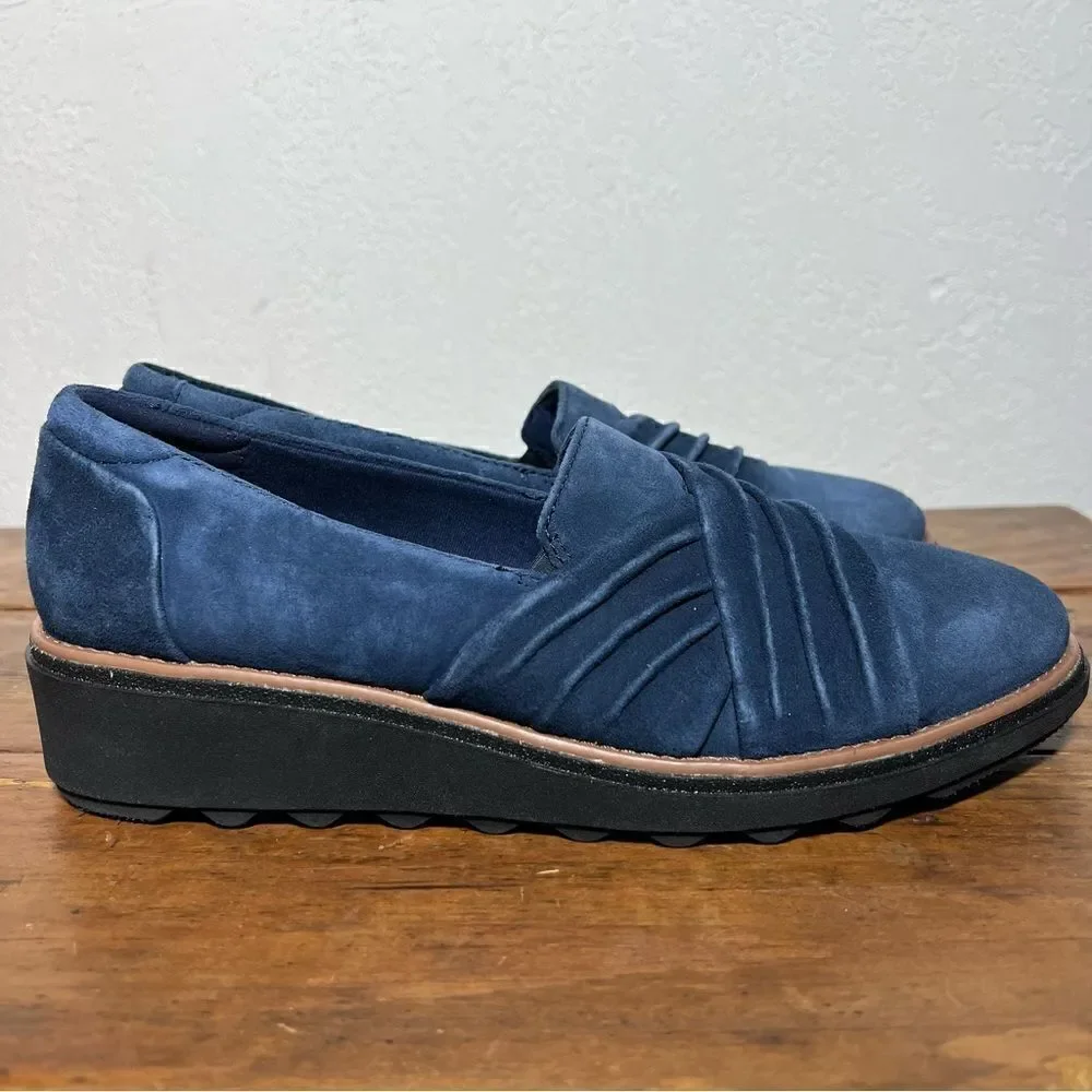 Clarks Collection‎ Sharon Villa Slip On Loafers Blue Suede Flatform Womens 9.5